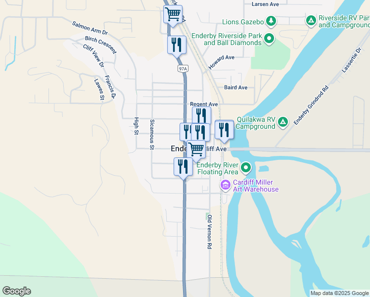 map of restaurants, bars, coffee shops, grocery stores, and more near in Enderby