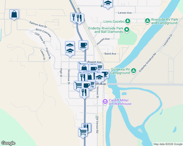map of restaurants, bars, coffee shops, grocery stores, and more near 1004 Belvedere Street in Enderby