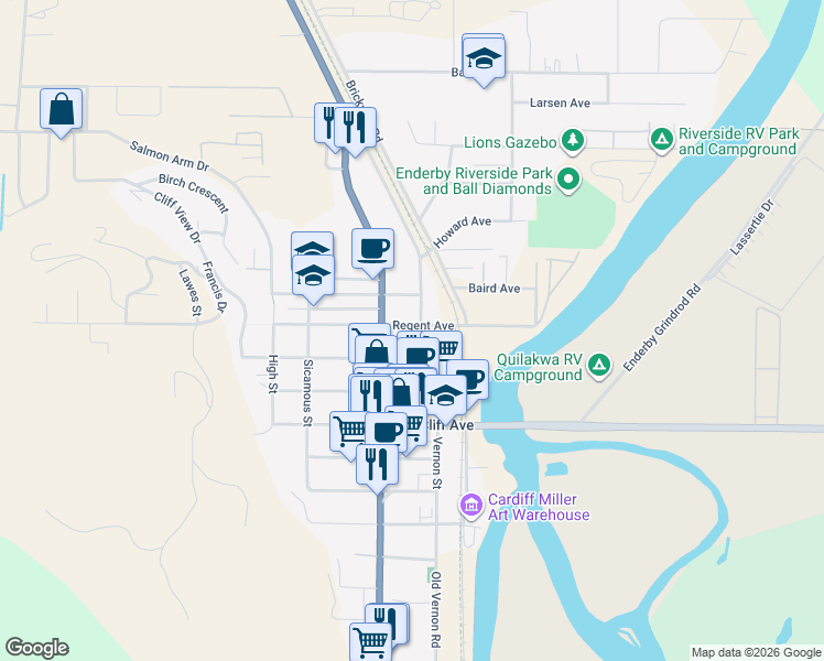 map of restaurants, bars, coffee shops, grocery stores, and more near 1308 Belvedere Street in Enderby