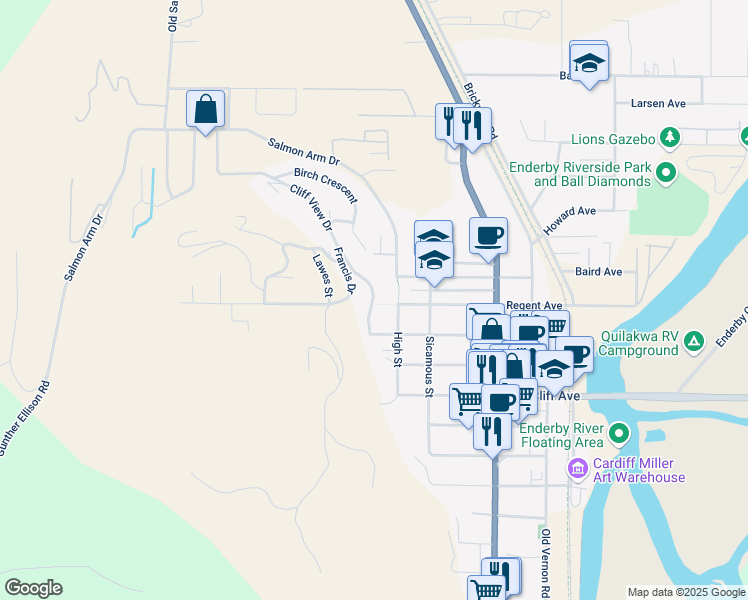 map of restaurants, bars, coffee shops, grocery stores, and more near 117 Cliff View Drive in Enderby