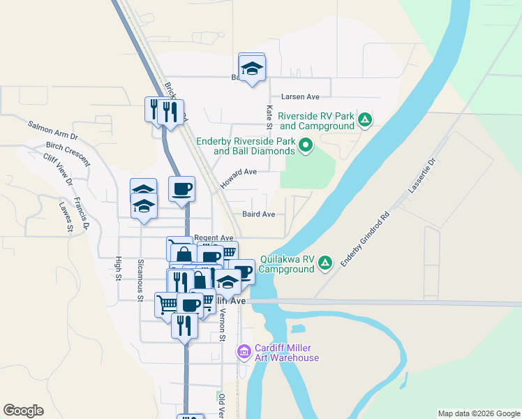 map of restaurants, bars, coffee shops, grocery stores, and more near 401 Baird Avenue in Enderby