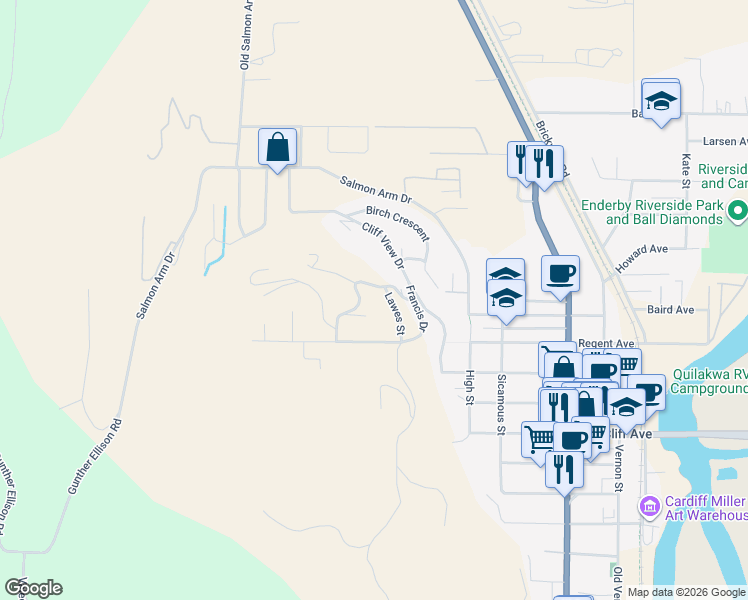 map of restaurants, bars, coffee shops, grocery stores, and more near 116 Reservoir Road in Enderby