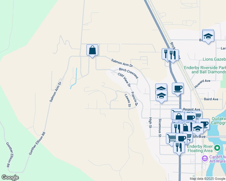 map of restaurants, bars, coffee shops, grocery stores, and more near 119 Reservoir Road in Enderby