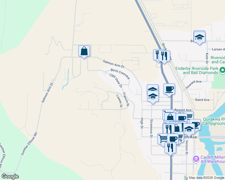 map of restaurants, bars, coffee shops, grocery stores, and more near 116 Reservoir Road in Enderby