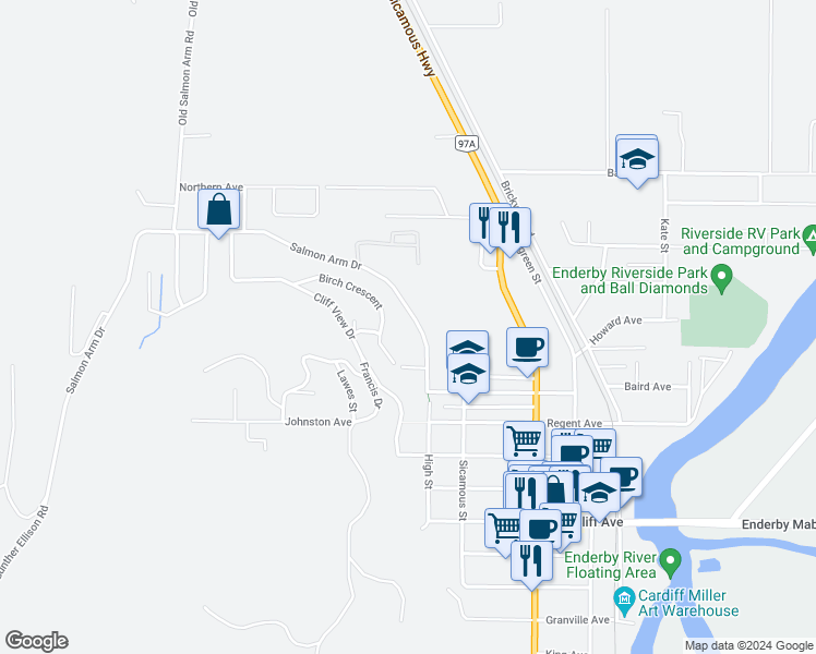 map of restaurants, bars, coffee shops, grocery stores, and more near 120 Salmon Arm Drive in Enderby