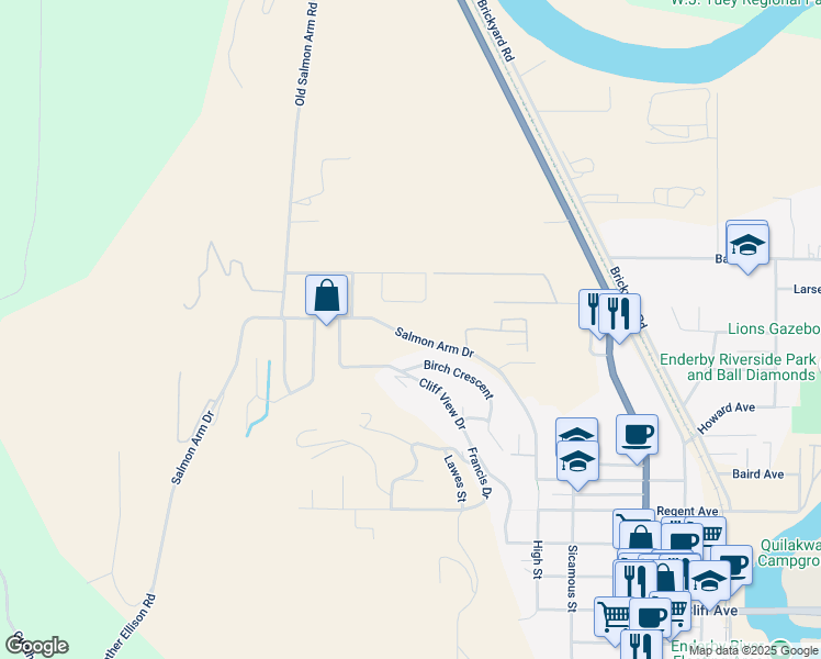 map of restaurants, bars, coffee shops, grocery stores, and more near 175 Salmon Arm Drive in Enderby
