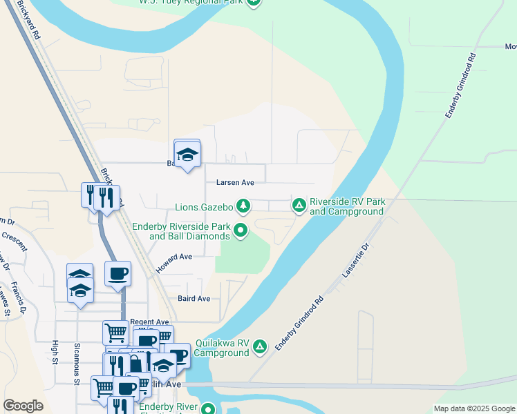 map of restaurants, bars, coffee shops, grocery stores, and more near 201 Kildonan Avenue in Enderby