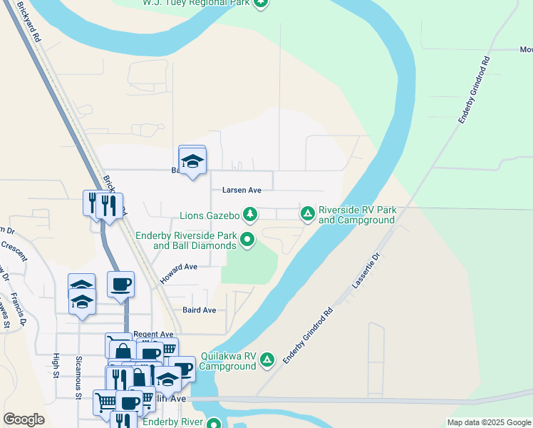 map of restaurants, bars, coffee shops, grocery stores, and more near 201 Kildonan Avenue in Enderby
