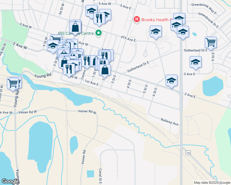 map of restaurants, bars, coffee shops, grocery stores, and more near 415 1st Avenue East in Brooks