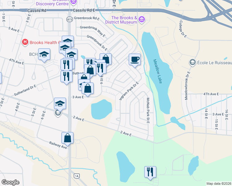 map of restaurants, bars, coffee shops, grocery stores, and more near 1039 3 Avenue East in Brooks