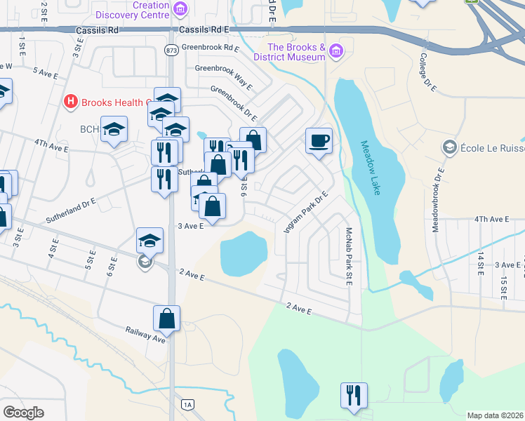 map of restaurants, bars, coffee shops, grocery stores, and more near 1023 3 Avenue East in Brooks