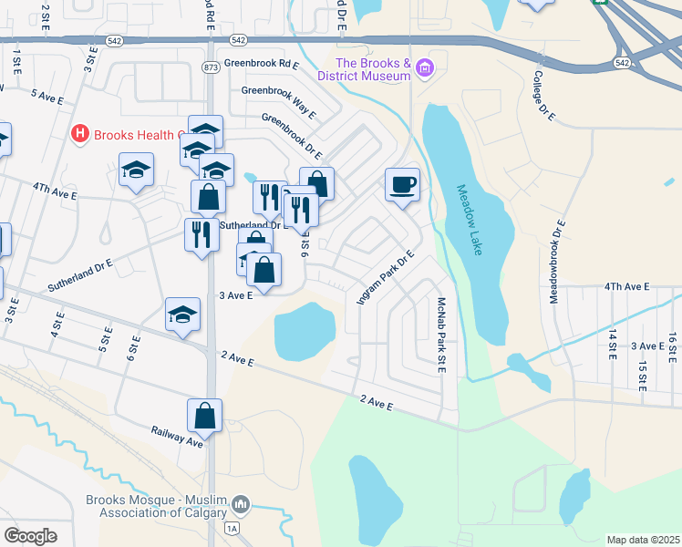 map of restaurants, bars, coffee shops, grocery stores, and more near 1027 3 Avenue East in Brooks