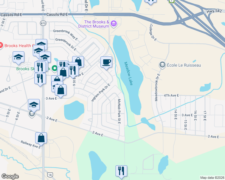 map of restaurants, bars, coffee shops, grocery stores, and more near 104 McNab Park Street East in Brooks