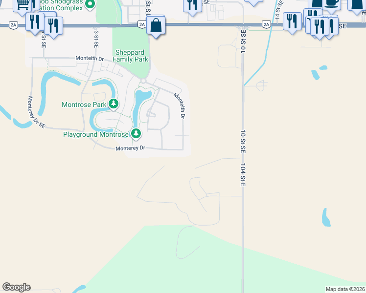 map of restaurants, bars, coffee shops, grocery stores, and more near 1712 Monteith Drive in Aldersyde
