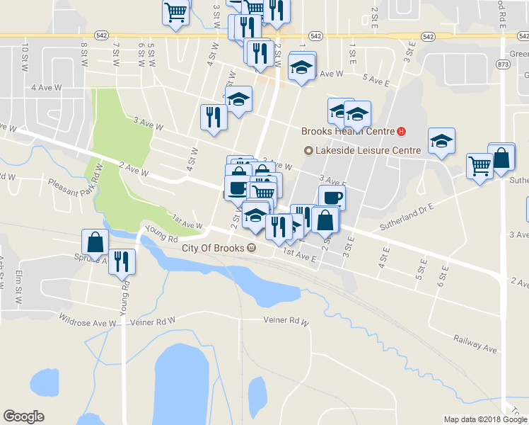 map of restaurants, bars, coffee shops, grocery stores, and more near 134 1 Street West in Brooks