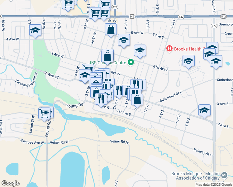 map of restaurants, bars, coffee shops, grocery stores, and more near 134 1 Street West in Brooks