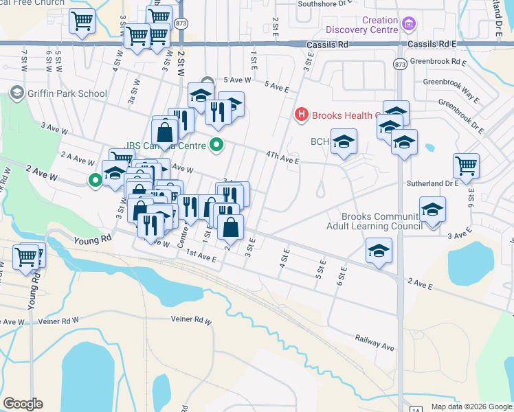 map of restaurants, bars, coffee shops, grocery stores, and more near 231 3 Street East in Brooks