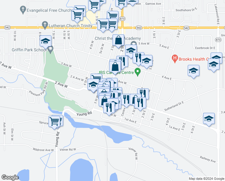 map of restaurants, bars, coffee shops, grocery stores, and more near 216 2 Street West in Brooks