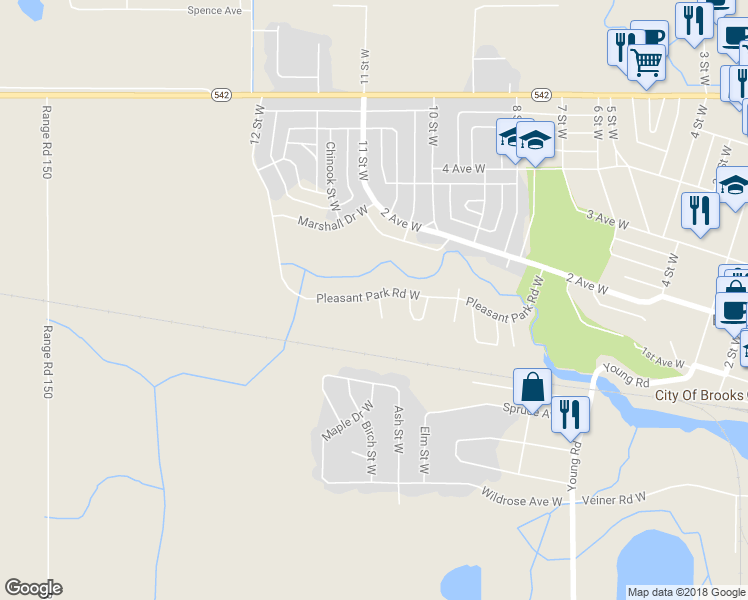 map of restaurants, bars, coffee shops, grocery stores, and more near 3 Pleasant Park Close West in Brooks