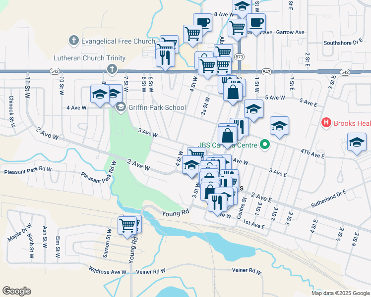 map of restaurants, bars, coffee shops, grocery stores, and more near 236 4 Street West in Brooks