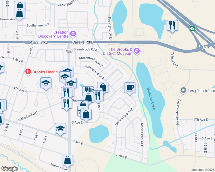 map of restaurants, bars, coffee shops, grocery stores, and more near 27 Greenbrook Drive East in Brooks