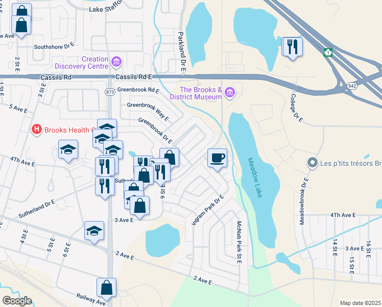 map of restaurants, bars, coffee shops, grocery stores, and more near 16 C Greenbrook Crescent East in Brooks