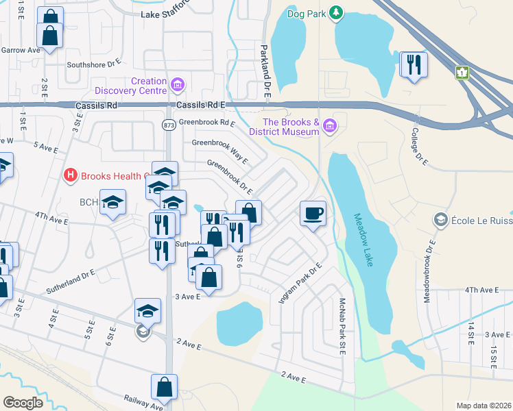 map of restaurants, bars, coffee shops, grocery stores, and more near 11 Greenbrook Drive East in Brooks