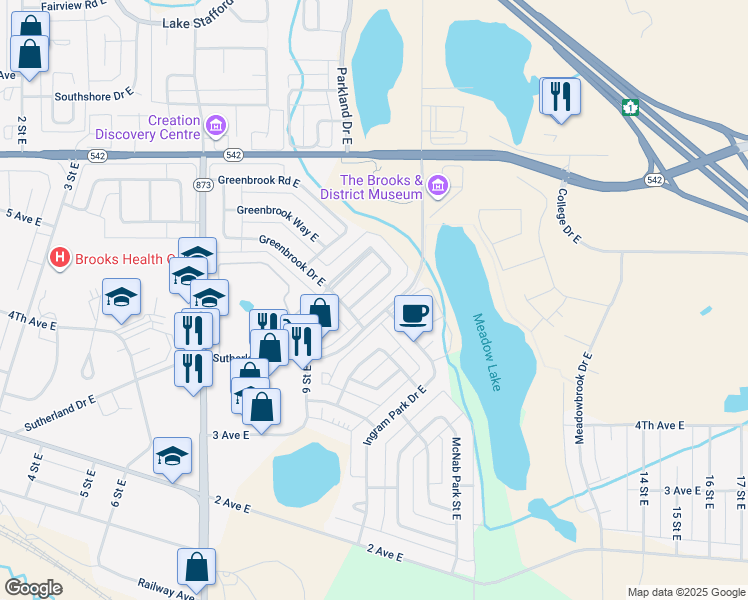map of restaurants, bars, coffee shops, grocery stores, and more near 16 C Greenbrook Crescent East in Brooks