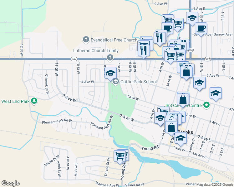map of restaurants, bars, coffee shops, grocery stores, and more near 803 4 Avenue West in Brooks