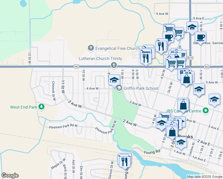 map of restaurants, bars, coffee shops, grocery stores, and more near 803 4 Avenue West in Brooks