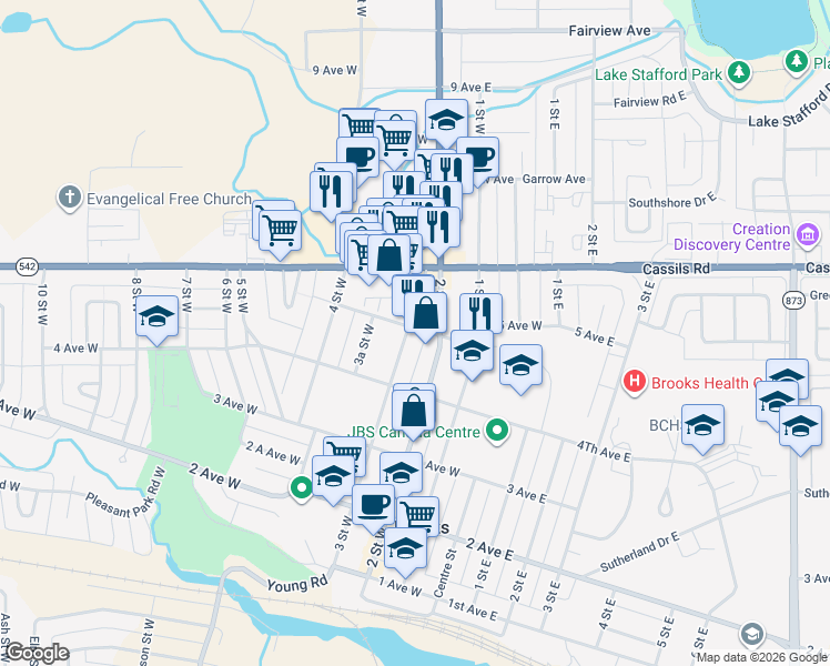 map of restaurants, bars, coffee shops, grocery stores, and more near 315 5 Avenue West in Brooks