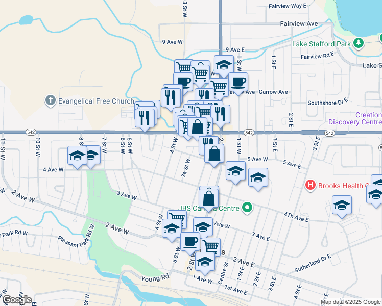map of restaurants, bars, coffee shops, grocery stores, and more near 404 5 Avenue West in Brooks