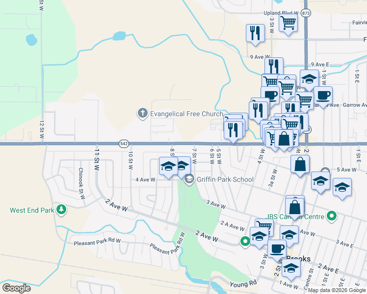 map of restaurants, bars, coffee shops, grocery stores, and more near 807 Cassils Road West in Brooks