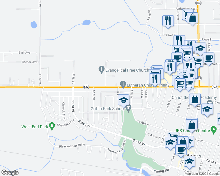 map of restaurants, bars, coffee shops, grocery stores, and more near 919 Cassils Road West in Brooks
