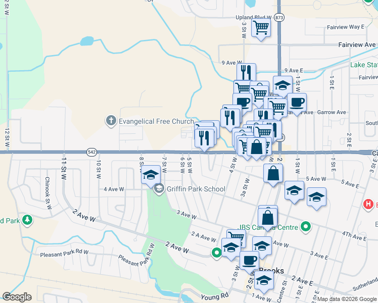 map of restaurants, bars, coffee shops, grocery stores, and more near 620 5 St W in Brooks