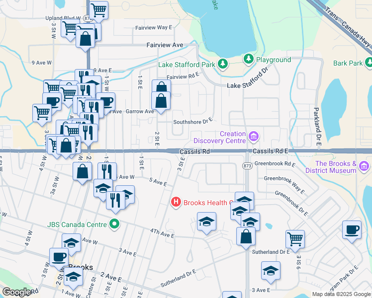 map of restaurants, bars, coffee shops, grocery stores, and more near 504 Cassils Road East in Brooks