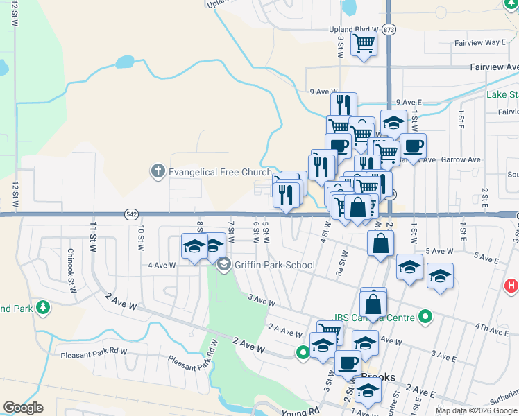 map of restaurants, bars, coffee shops, grocery stores, and more near 620 5 Street West in Brooks