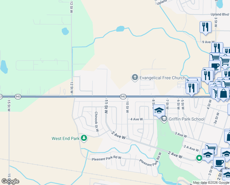 map of restaurants, bars, coffee shops, grocery stores, and more near 1012 Alberta 542 in Brooks