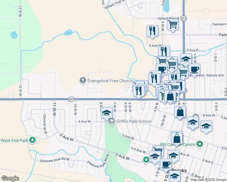 map of restaurants, bars, coffee shops, grocery stores, and more near 807 Cassils Road West in Brooks