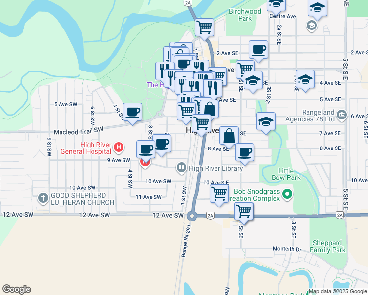 map of restaurants, bars, coffee shops, grocery stores, and more near in High River