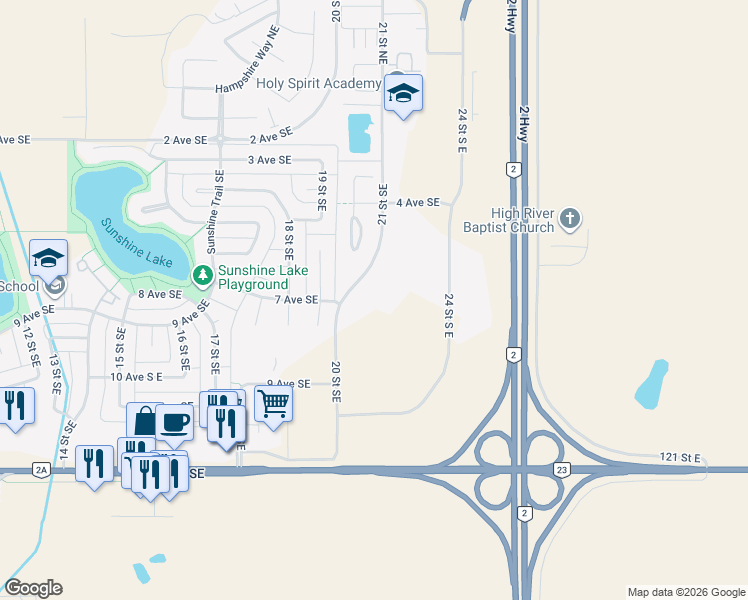 map of restaurants, bars, coffee shops, grocery stores, and more near 576 21 Street Southeast in High River