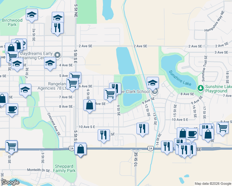 map of restaurants, bars, coffee shops, grocery stores, and more near 605 9 Street Southeast in High River