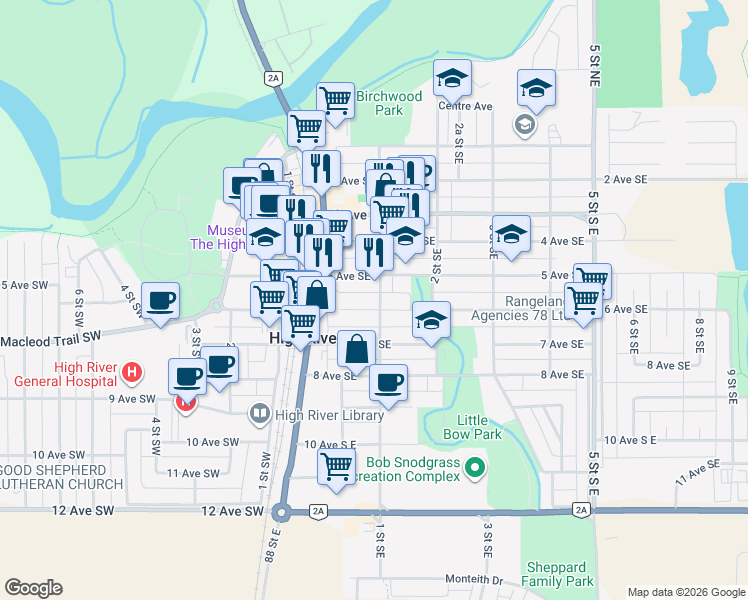 map of restaurants, bars, coffee shops, grocery stores, and more near 34 6 Avenue Southeast in High River
