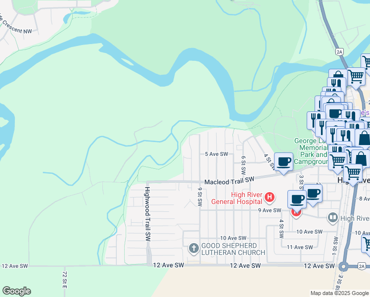 map of restaurants, bars, coffee shops, grocery stores, and more near 9 Deibert Close Southwest in High River
