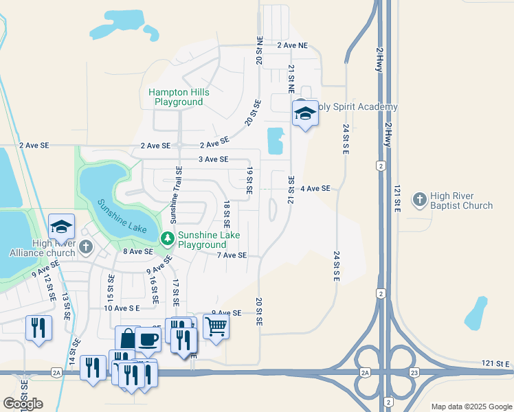 map of restaurants, bars, coffee shops, grocery stores, and more near 1815 C 5 Avenue Southeast in High River