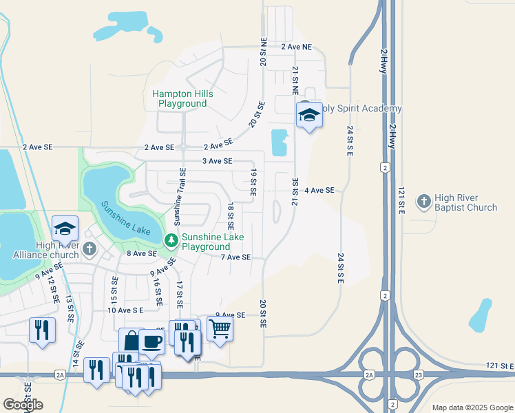 map of restaurants, bars, coffee shops, grocery stores, and more near 1815 C 5 Avenue Southeast in High River