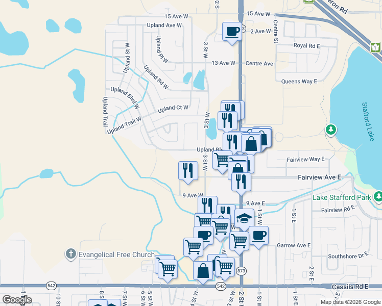 map of restaurants, bars, coffee shops, grocery stores, and more near 85 Upland Boulevard West in Brooks