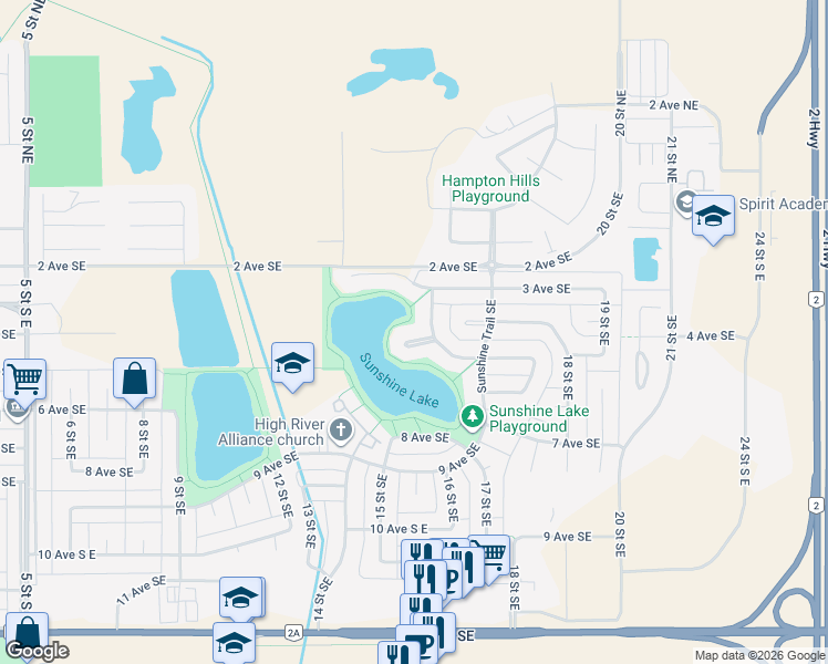 map of restaurants, bars, coffee shops, grocery stores, and more near 1605 Sunshine Way Southeast in High River
