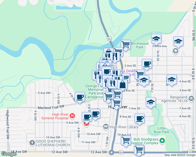 map of restaurants, bars, coffee shops, grocery stores, and more near 309 Macleod Trail Southwest in High River