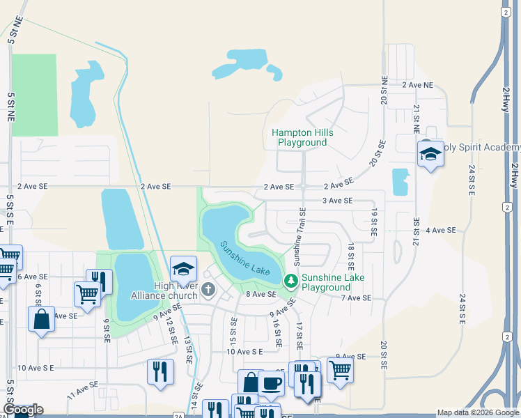 map of restaurants, bars, coffee shops, grocery stores, and more near 1605 Sunshine Way Southeast in High River
